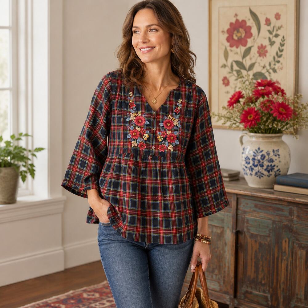 April Cornell SZ XL 100% Cotton 1/4 Button Tartan Plaid Floral Embroidered Top